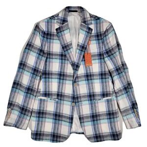 Tallia Slim-Fit Linen Blazer Mens 38R Blue Multi Plaid‎ Vago Sport Coat $295 NEW